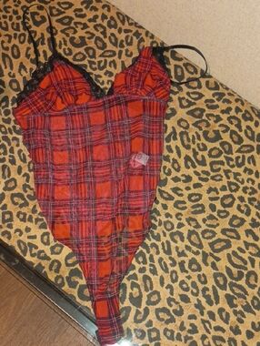 Red Plaid Lace-Trim Women's Bodysuit